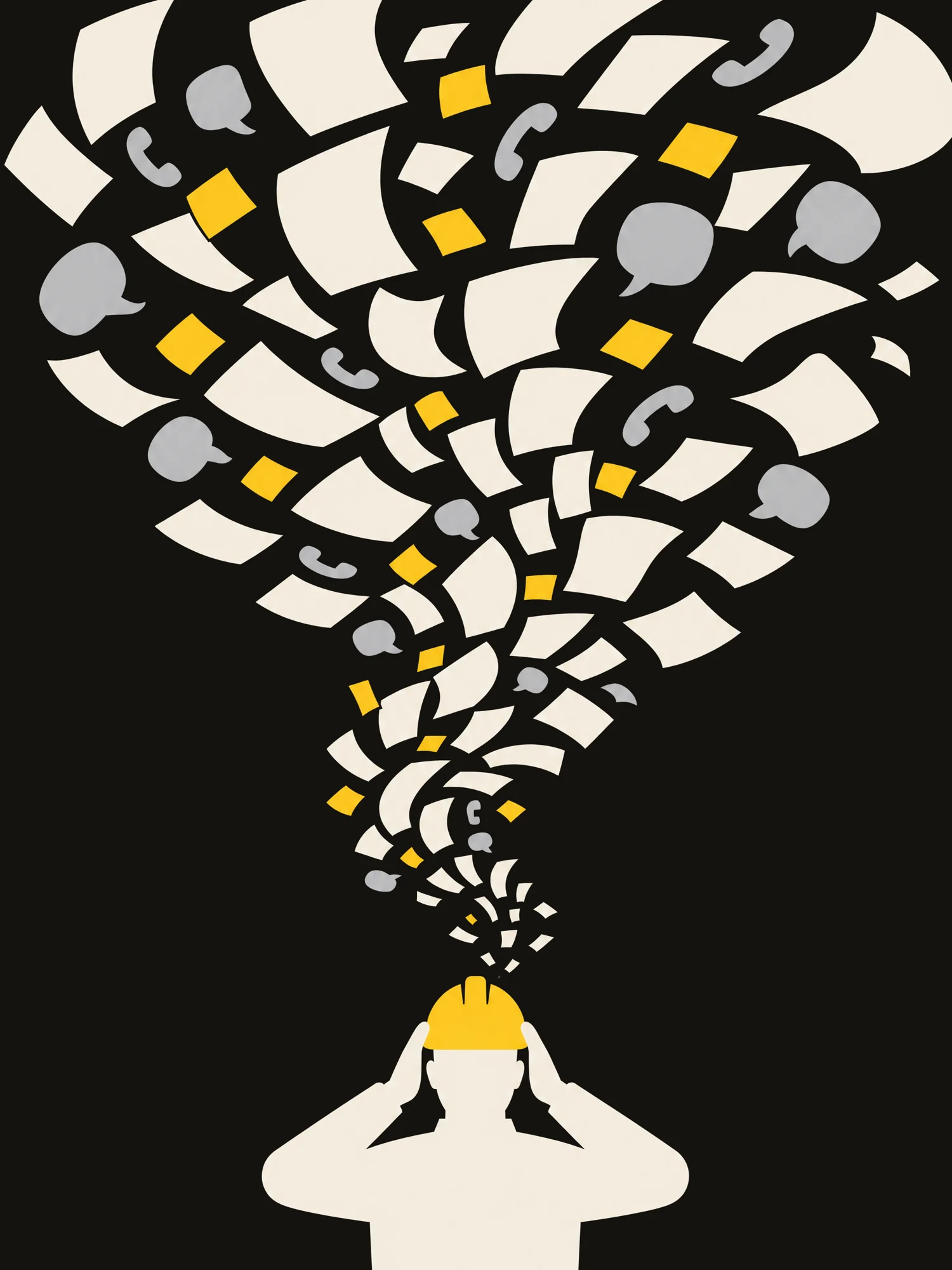 Illustrazione: un operaio con le mani nei capelli sotto un vortice di fogli, post-it e messaggi