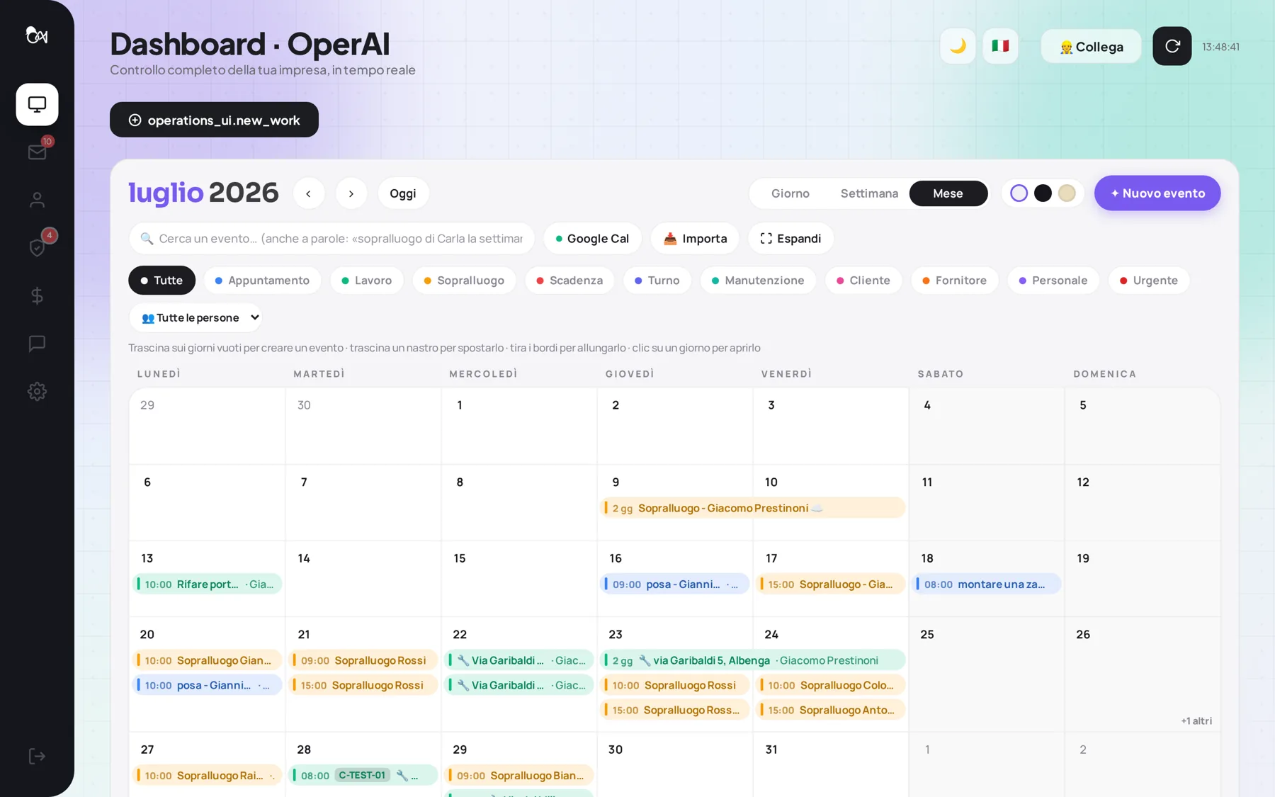 Il calendario mensile della dashboard con sopralluoghi e lavori