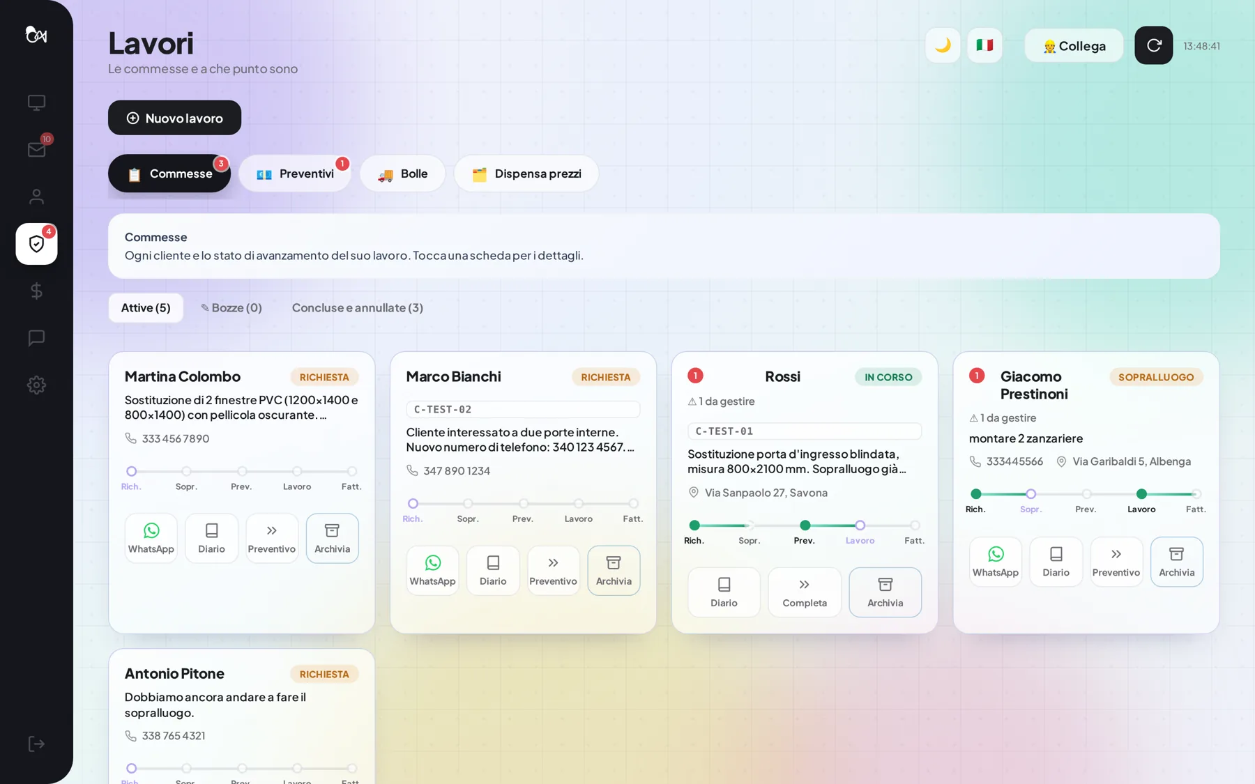 Le commesse in dashboard, una scheda per cliente con lo stato di avanzamento