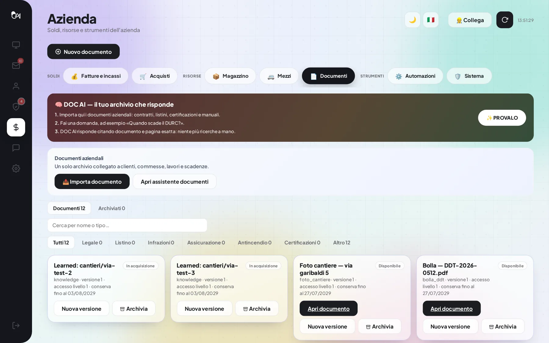 L'archivio documenti della dashboard con foto di cantiere e bolle