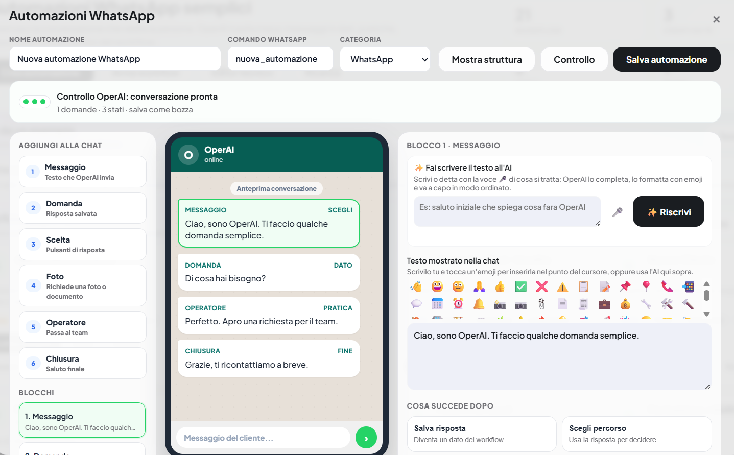 Builder di OperAI per creare messaggi automatici e personalizzati su WhatsApp per operai e clienti