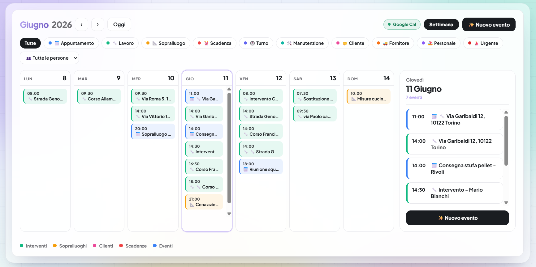 Calendario OperAI con appuntamenti, sopralluoghi, turni e scadenze