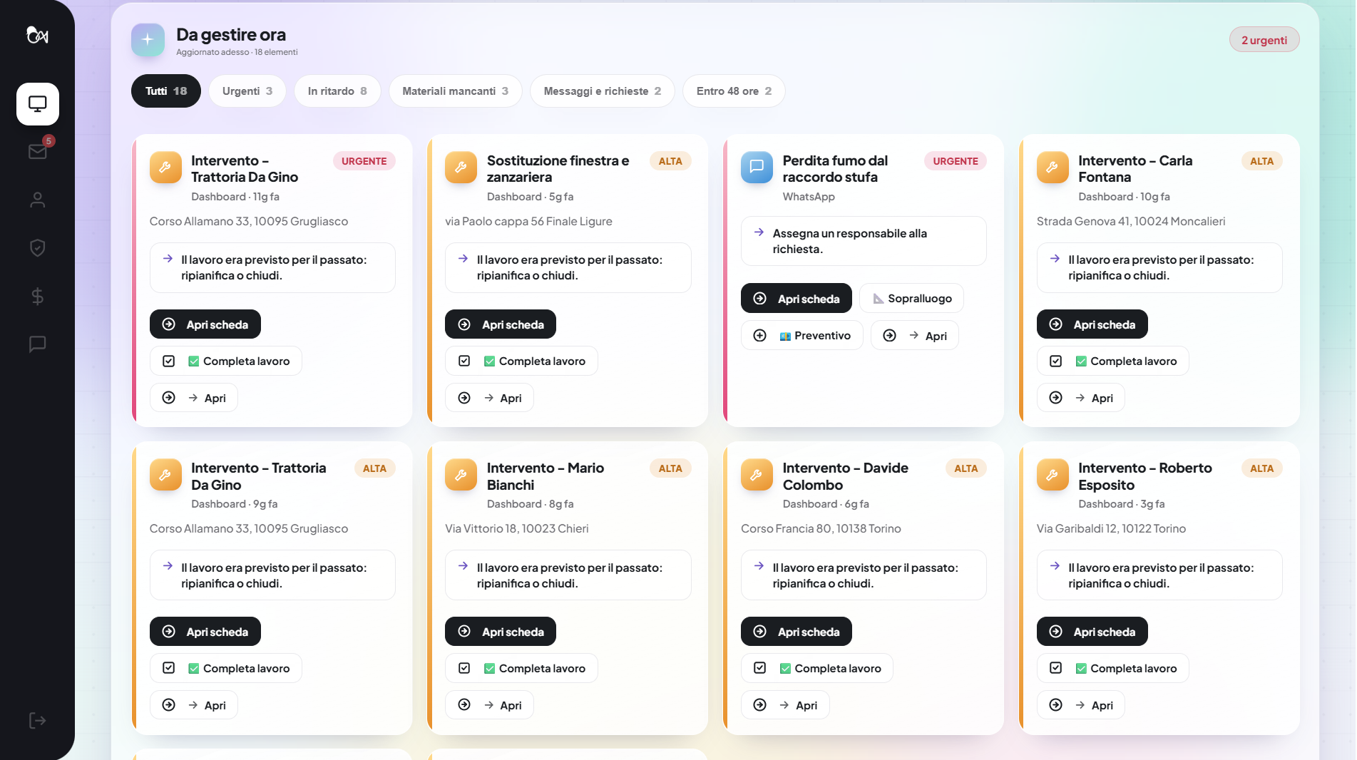 Dashboard OperAI: tutti i lavori e gli interventi da gestire, in ordine di priorità